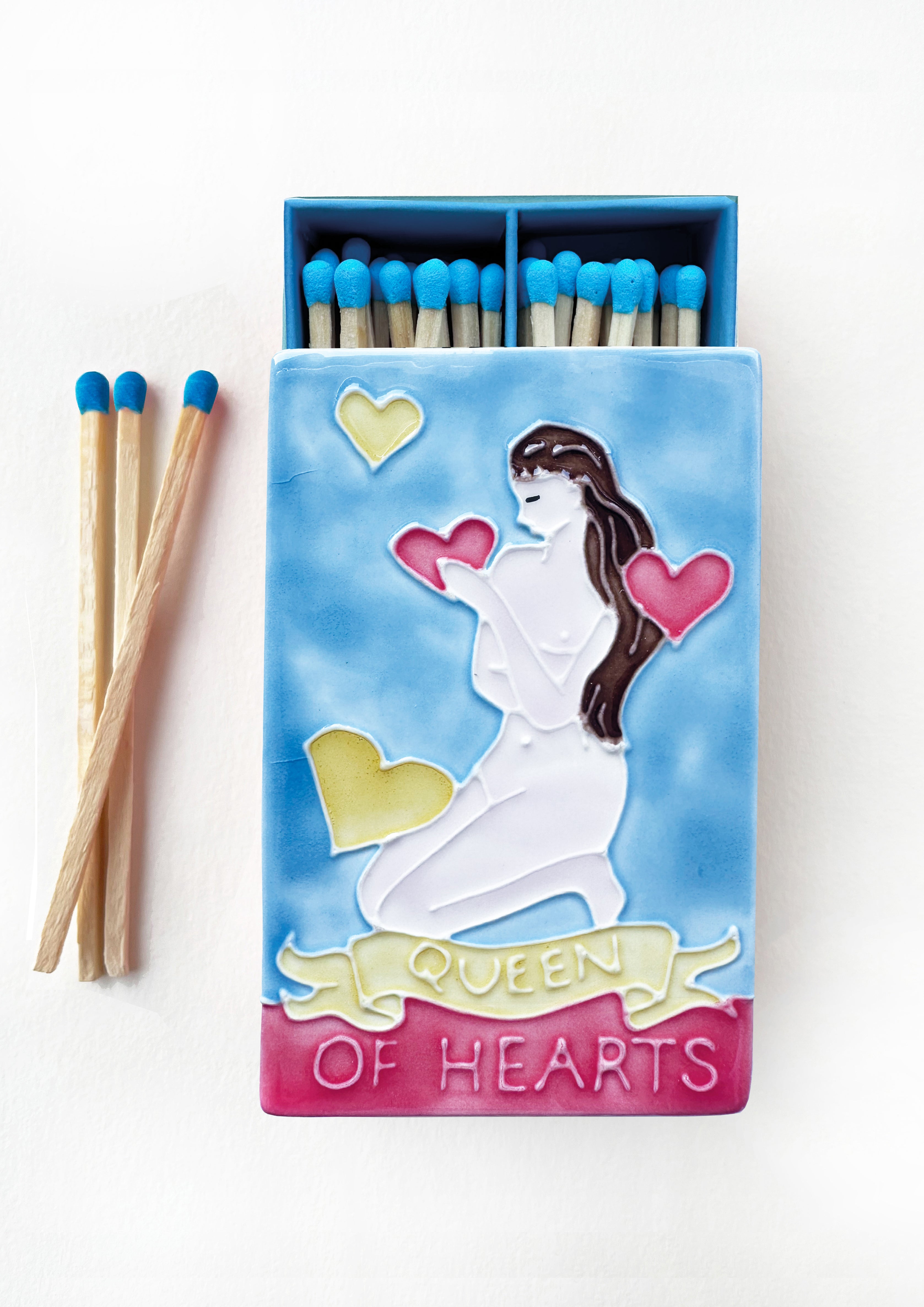 Luxury Ceramic Matchbox, made by hand in Stoke On Trent, featuring beautiful Queen of Hearts artwork.