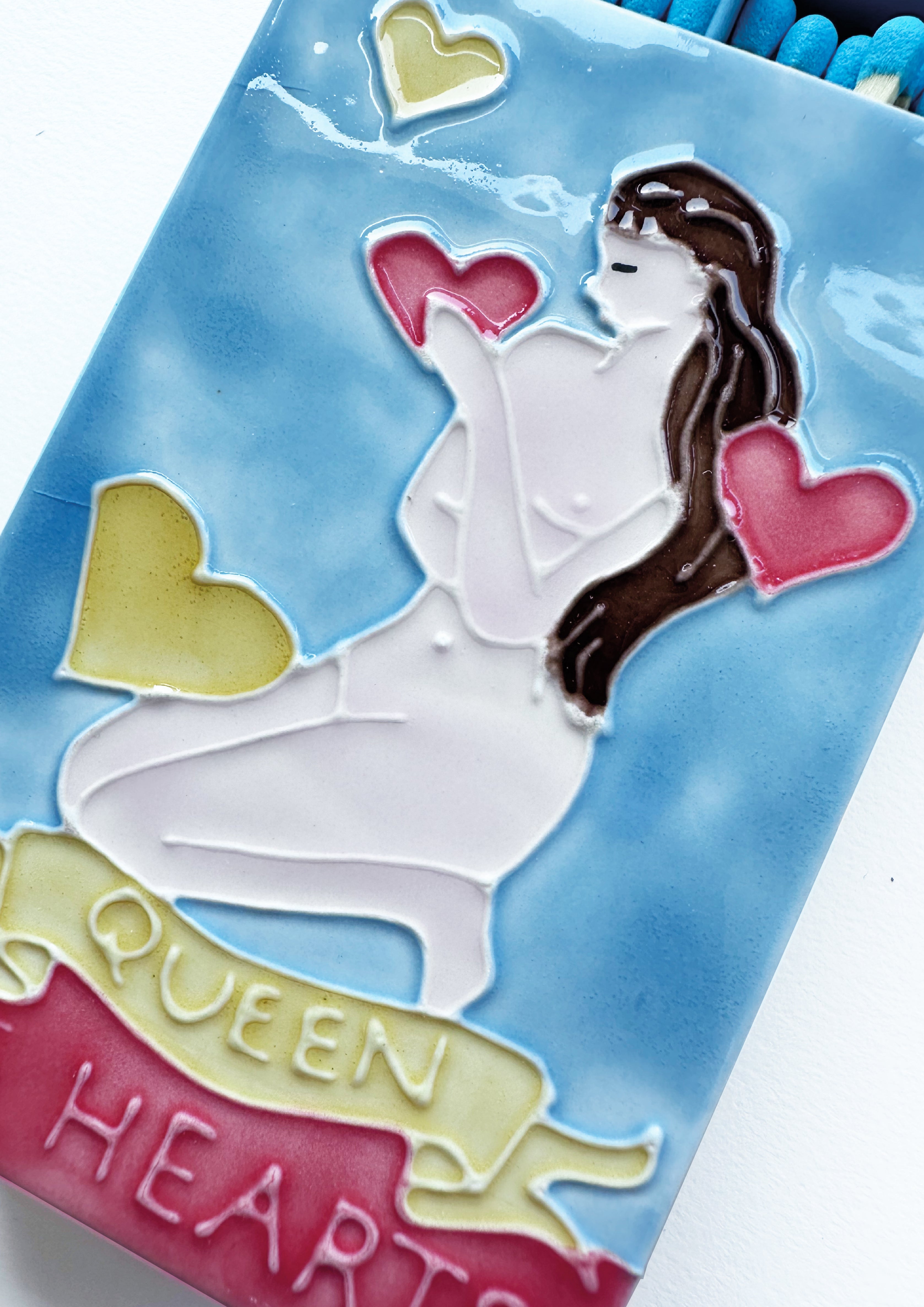 Luxury Ceramic Matchbox, made by hand in Stoke On Trent, featuring beautiful Queen of Hearts artwork.
