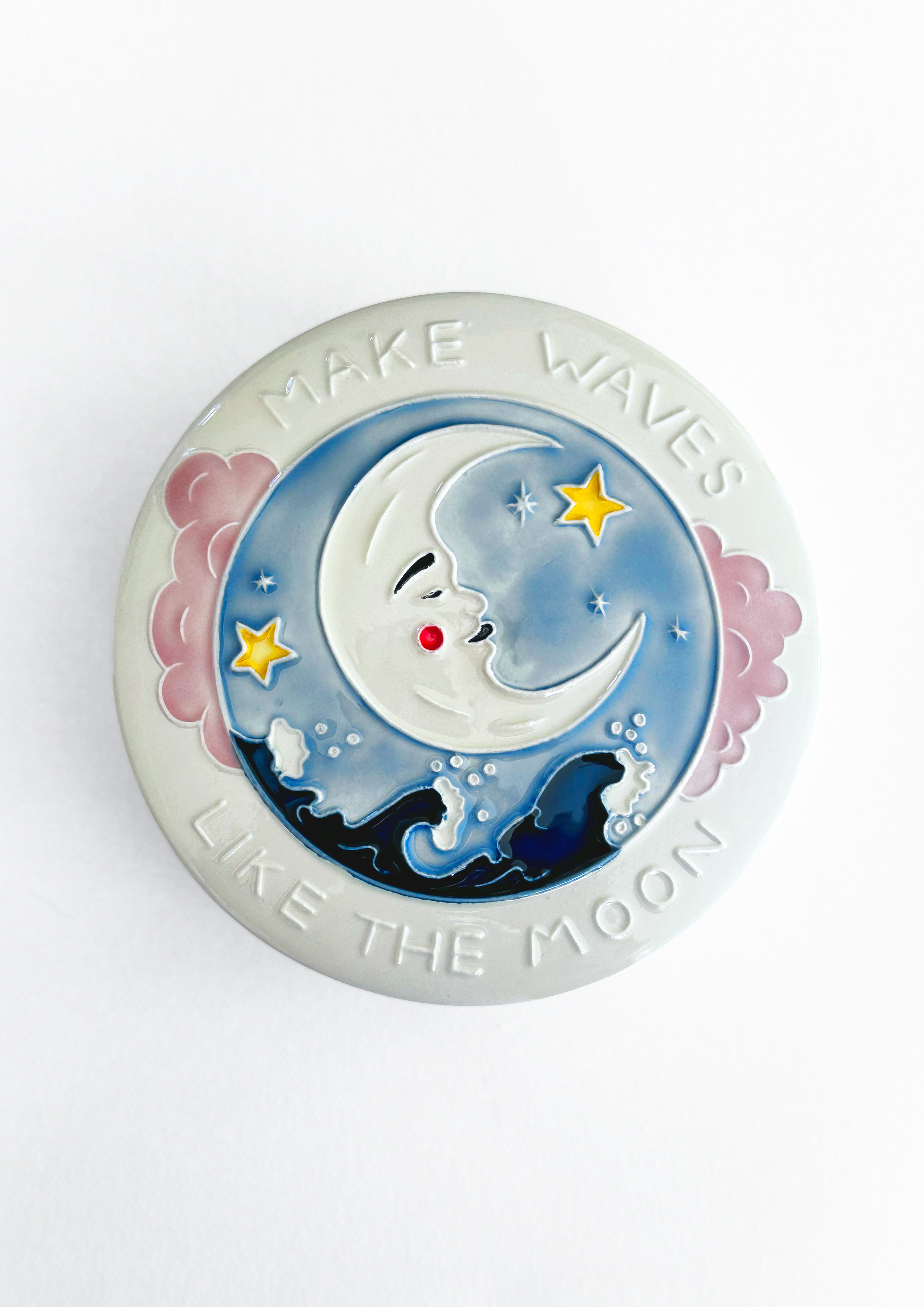 Jo Laing Trinket Box - This large lidded box showcases a crescent moon and stars above ocean waves, paired with the inspiring words "Make waves like the moon."