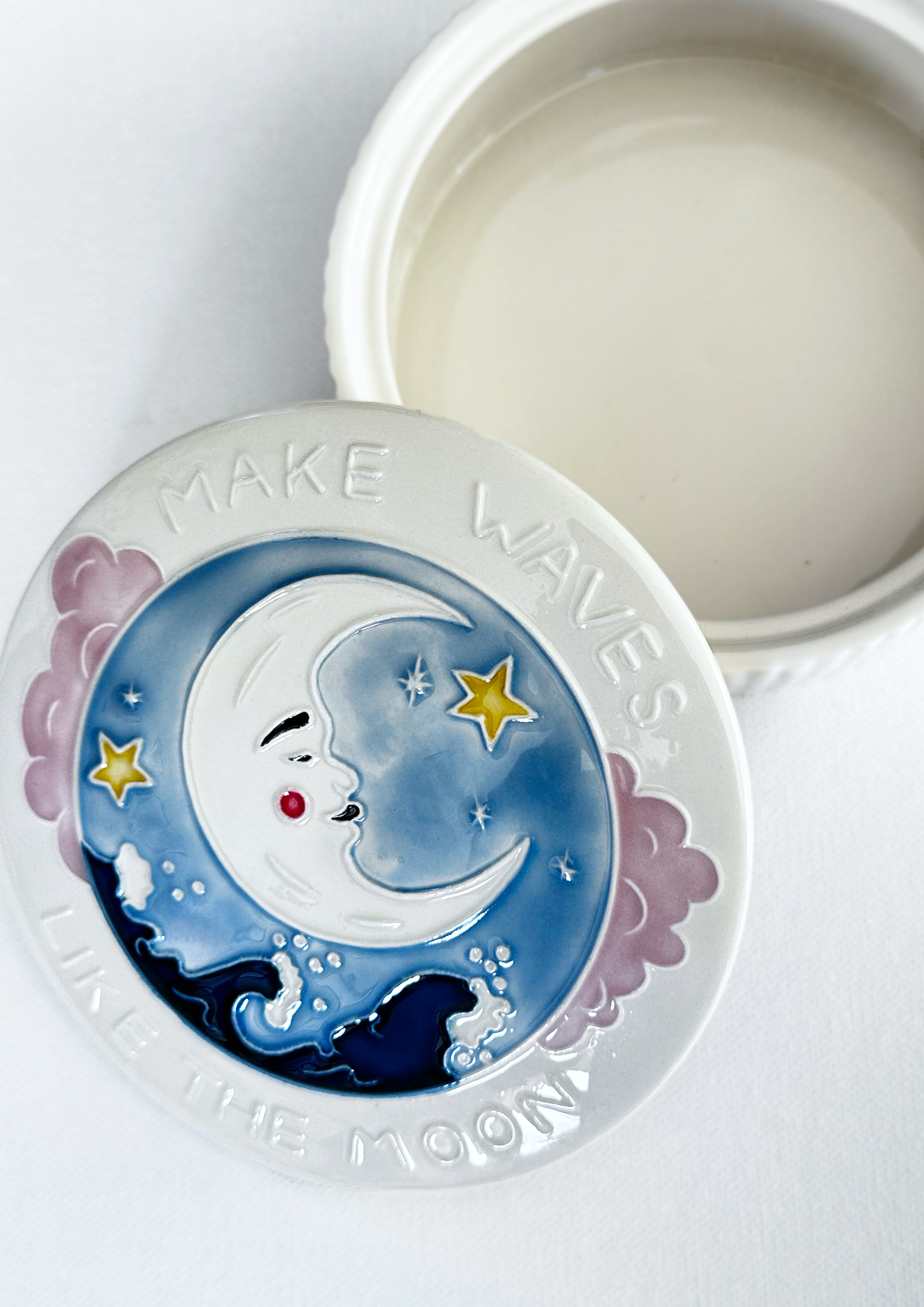Jo Laing Trinket Box - This large lidded box showcases a crescent moon and stars above ocean waves, paired with the inspiring words "Make waves like the moon."