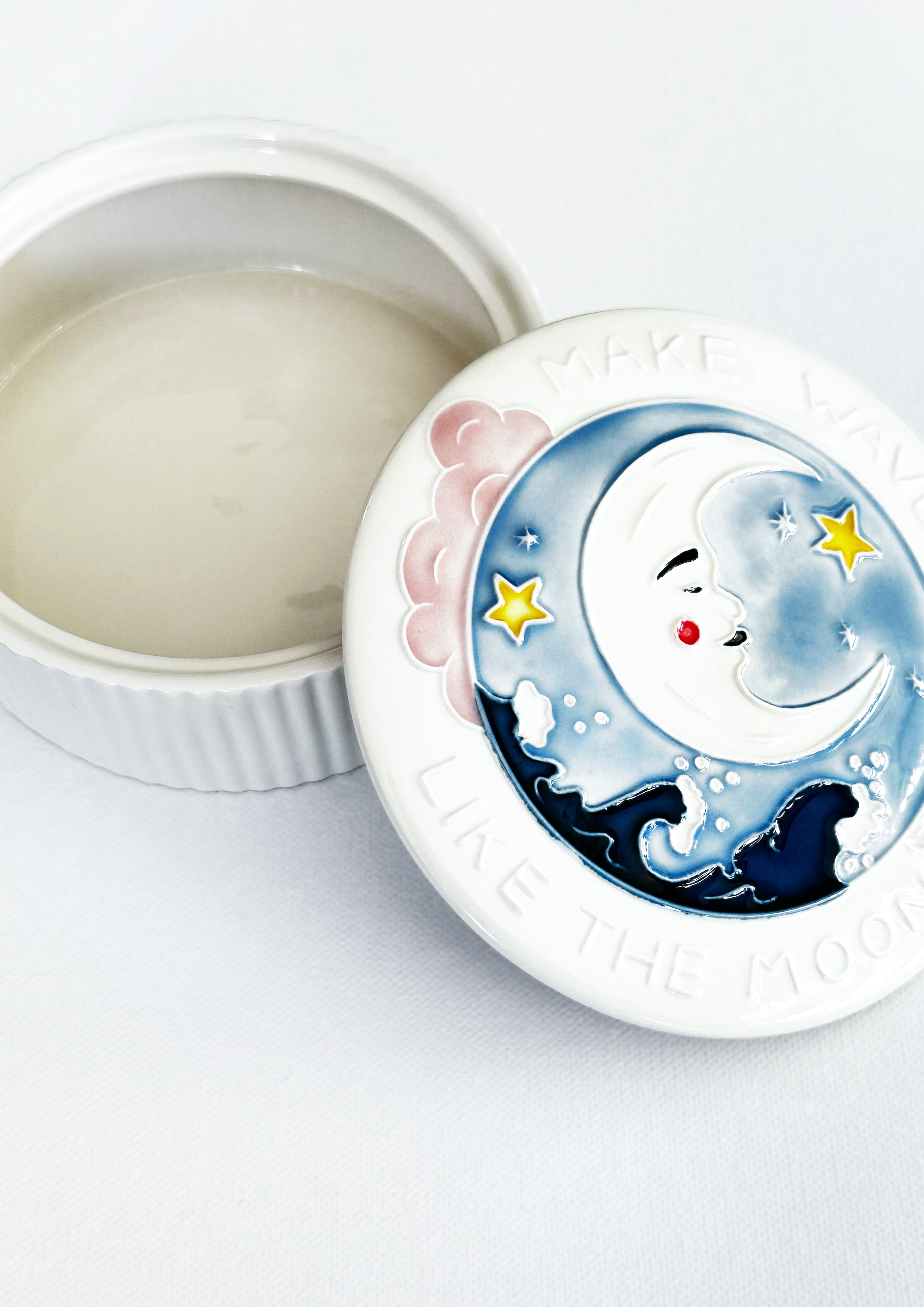 Jo Laing Trinket Box - This large lidded box showcases a crescent moon and stars above ocean waves, paired with the inspiring words "Make waves like the moon."