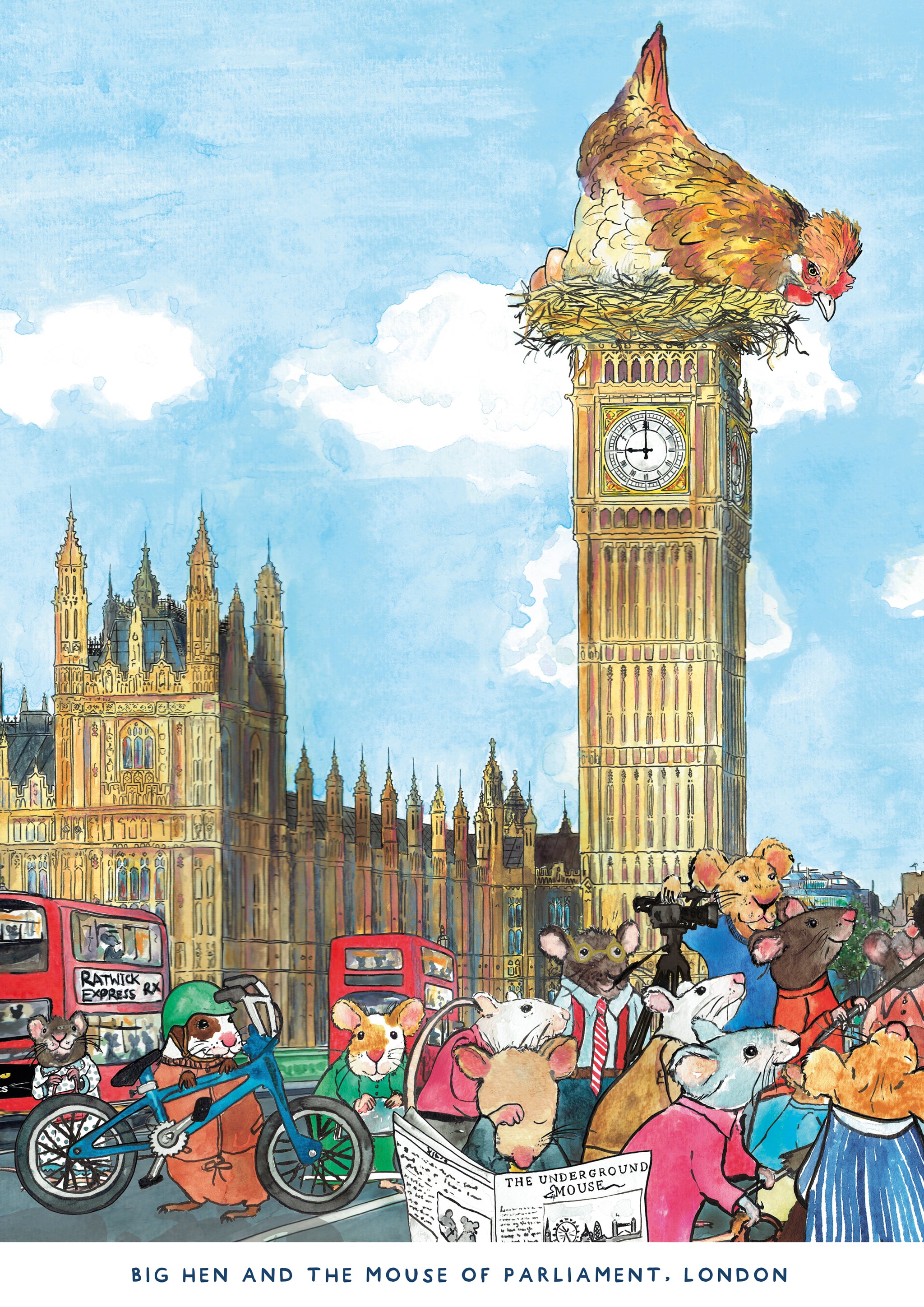 Big Hen and the Mouse of Parliament features original watercolour artwork of the iconic Palace of Westminster and Big Ben clocktower.