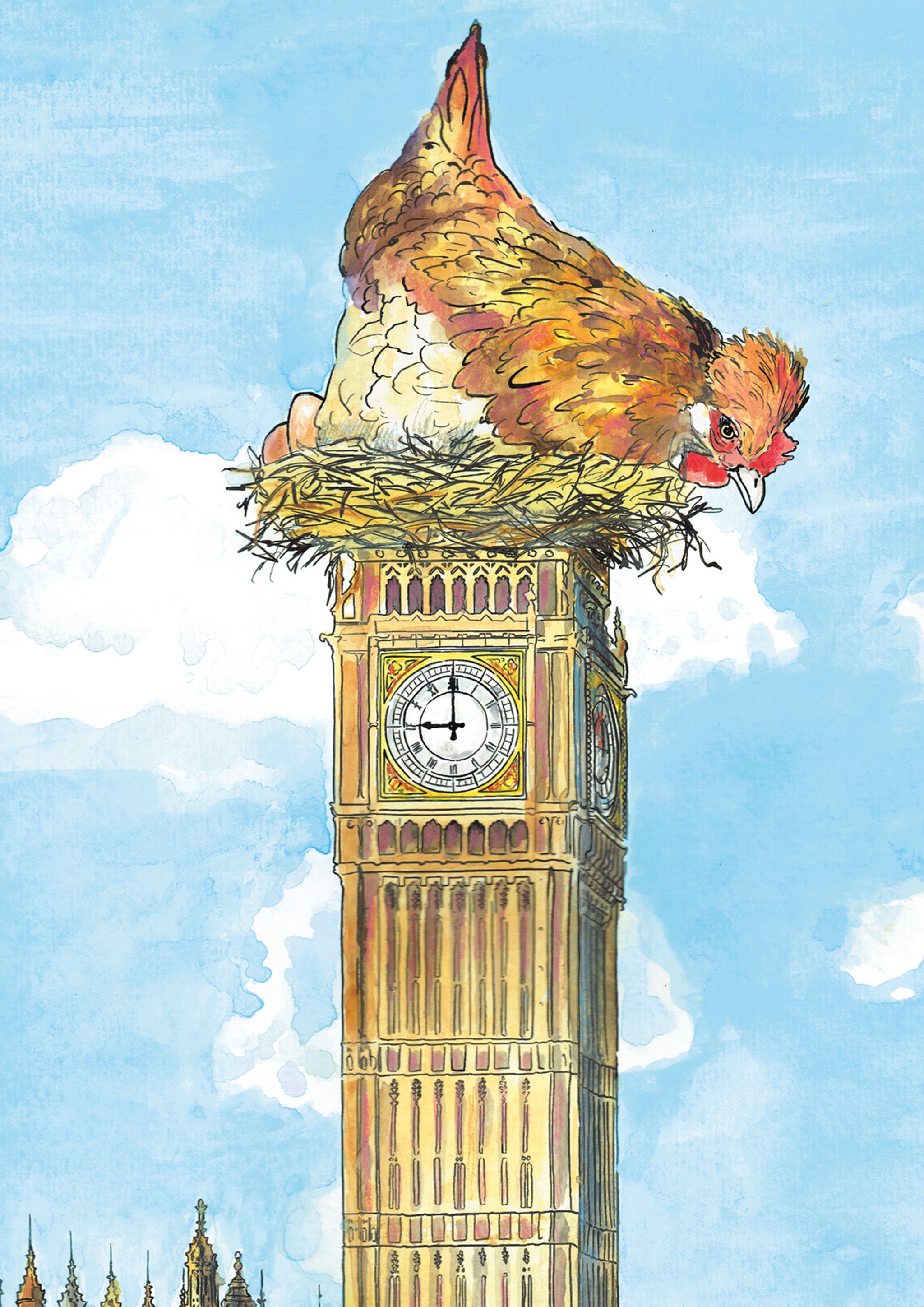 Big Hen and the Mouse of Parliament features original watercolour artwork of the iconic Palace of Westminster and Big Ben clocktower.