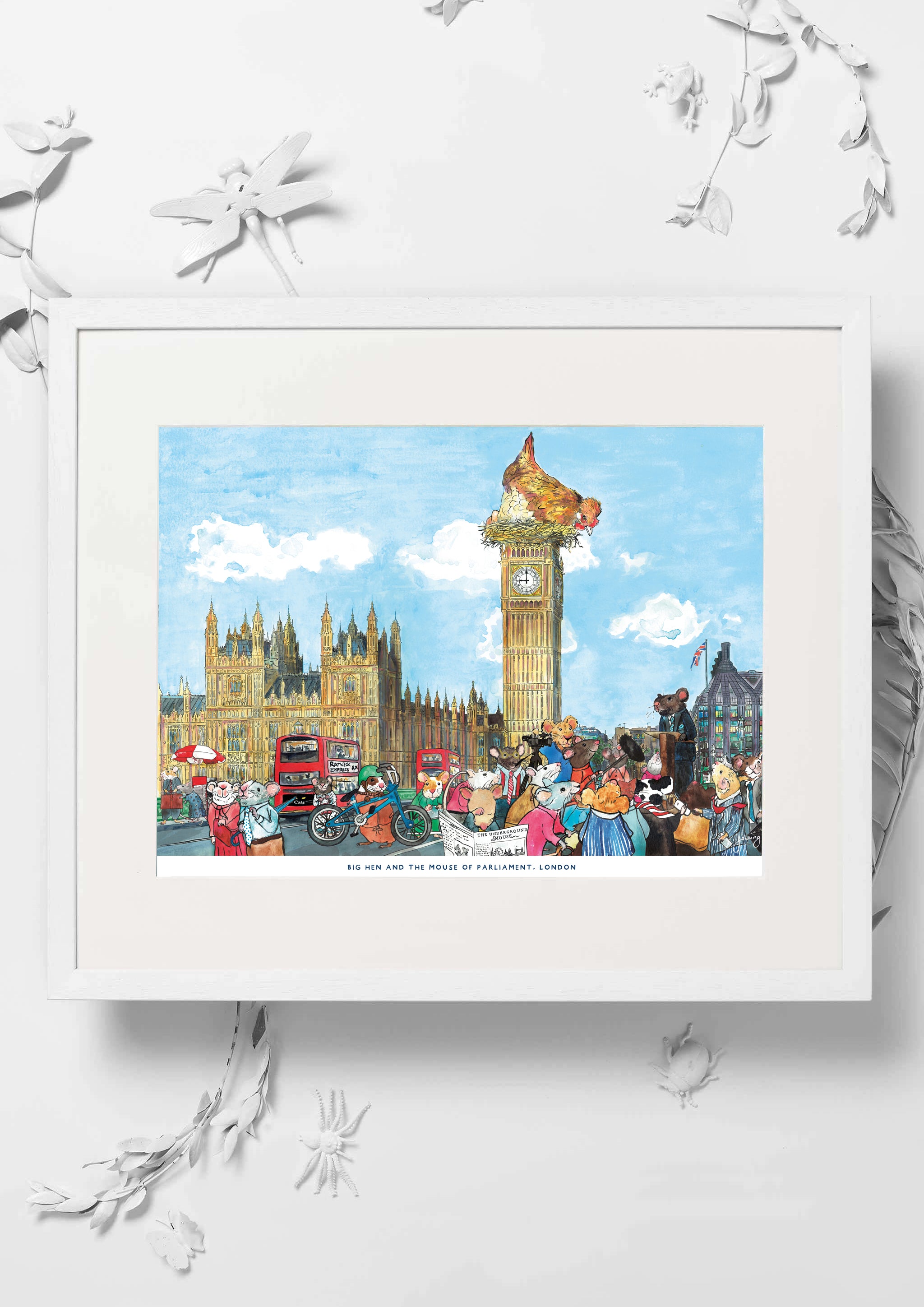 Big Hen and the Mouse of Parliament features original watercolour artwork of the iconic Palace of Westminster and Big Ben clocktower.