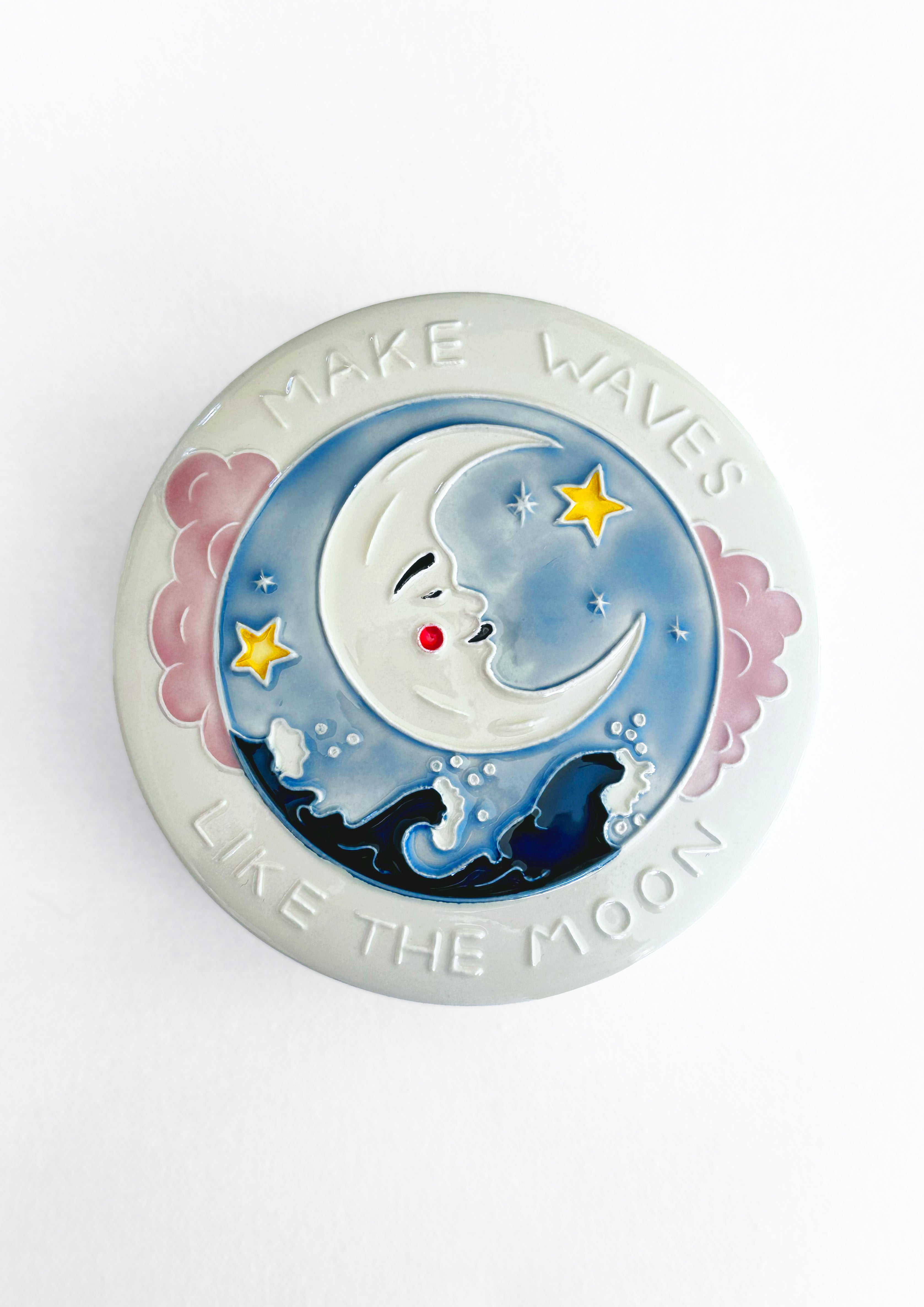 Jo Laing Trinket Box - This large lidded box showcases a crescent moon and stars above ocean waves, paired with the inspiring words&nbsp;"Make waves like the moon."